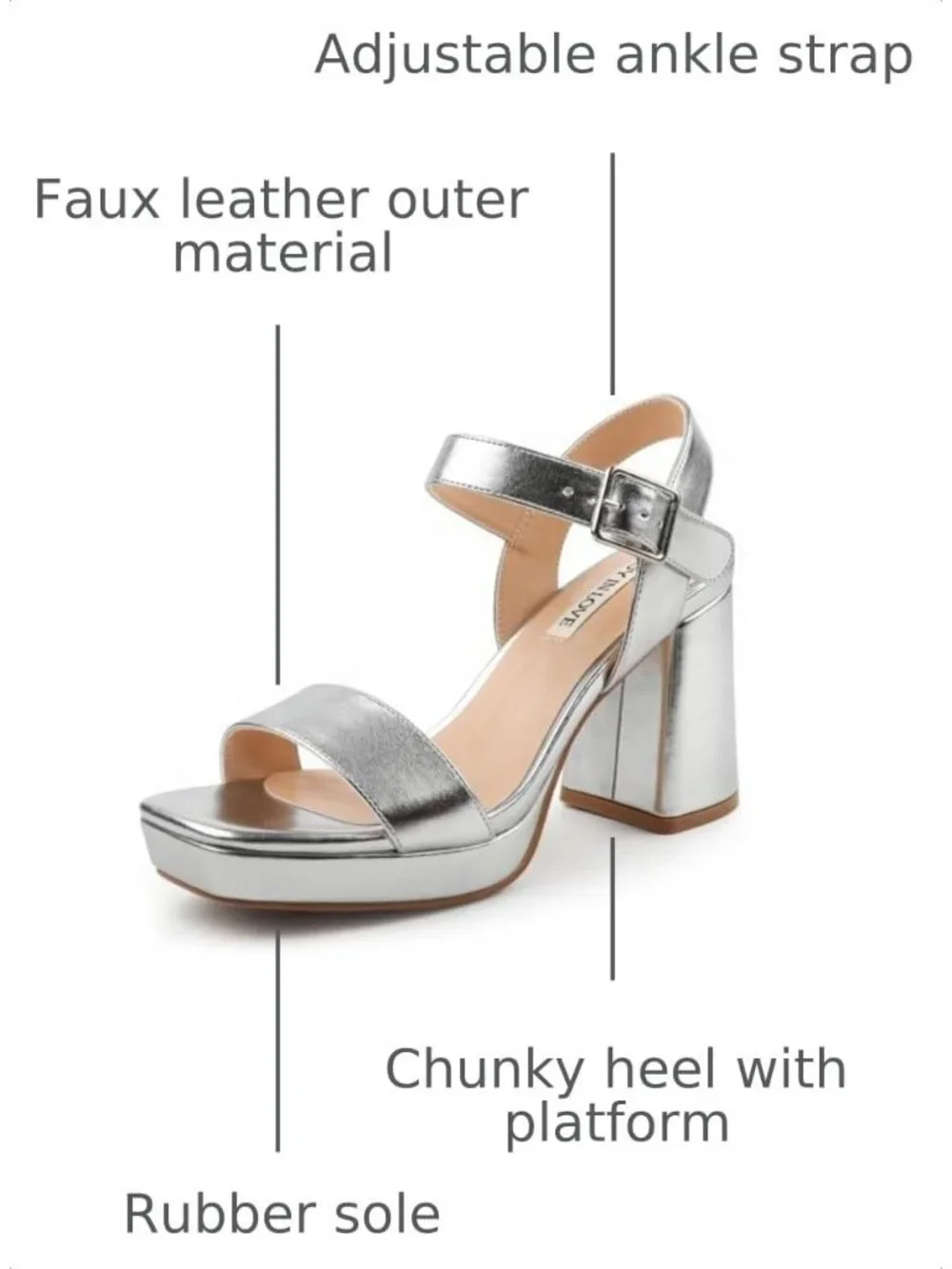 Women's Silver Square Open Toe Adjustable Ankle Strap Chunky Block Heel Sandals